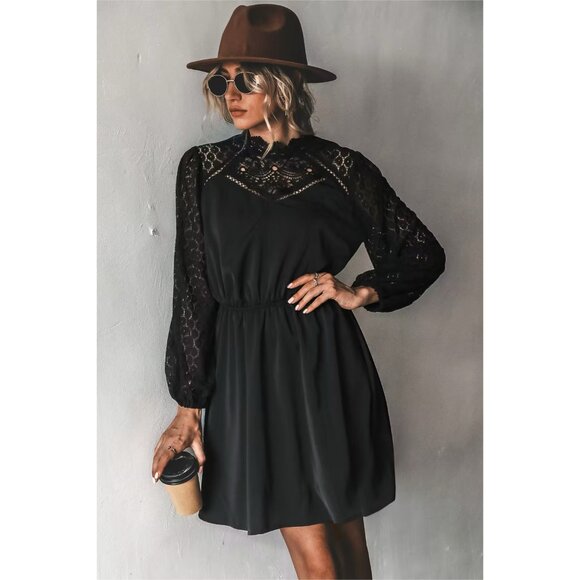 XS Cupshe Lace-Trim Long Sleeve Elastic Waist Black Mini Dress - Zaina - NWT - Picture 4 of 8
